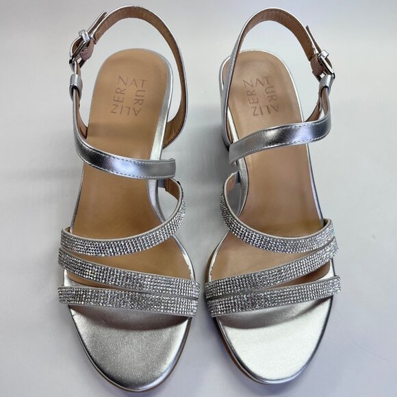 Naturalizer Bridget4 Silver Strappy Rhinestone Sandal Size 8.5 WIDE Block Heel - Picture 8 of 16